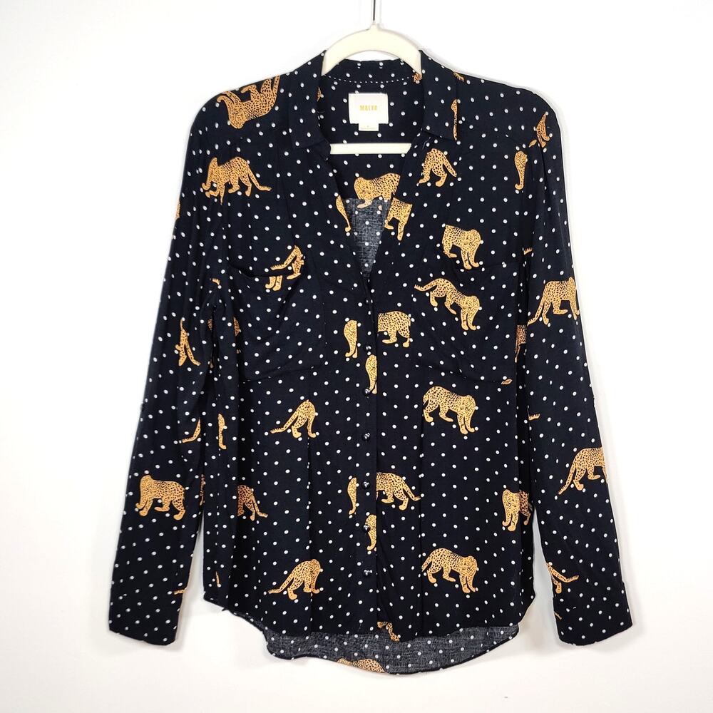 Maeve Rayon Leopard Polka Dot Button Up Blouse Black Long Sleeve Size 8